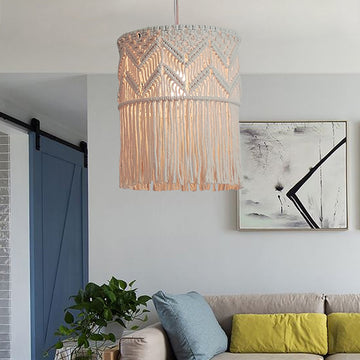 Bohemian Style 1-Light Macrame Fringed Pendant Light Hand Woven Lantern